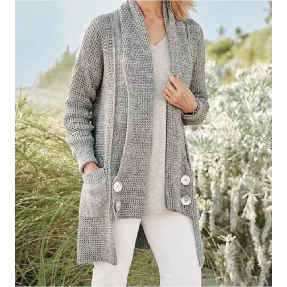 Soft Surroundings Townsend Cardigan Gray Sweater Chunky Knit Cotton Women's M